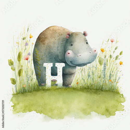 Cute hipoppotamus and Letter H: Exploring Nature and Learning the Alphabet, watercolor illustration kids AI Generative photo