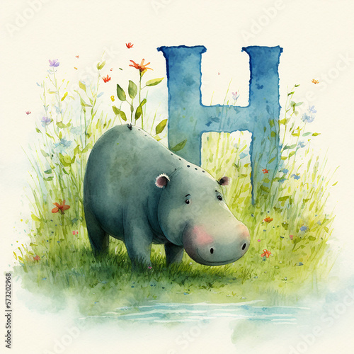 Cute hipoppotamus and Letter H: Exploring Nature and Learning the Alphabet, watercolor illustration kids AI Generative photo