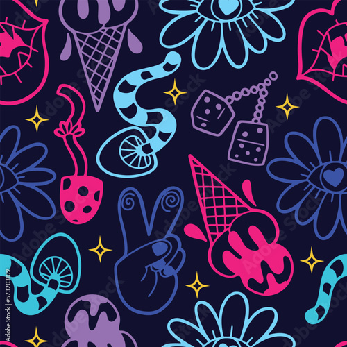 Hand drawn vector seamless pattern with  neon psychedelic objects, trippy rave design