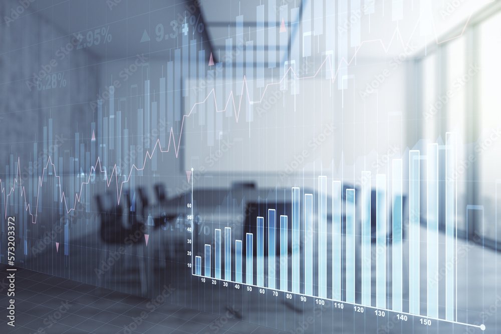 Abstract virtual financial graph hologram on a modern conference room background, forex and investment concept. Multiexposure Abstract virtual financial graph hologram on a modern conference room background, forex and investment concept. Multiexposure