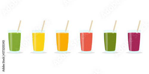 Set of glasses with fresh delicious smoothie and straw on white background