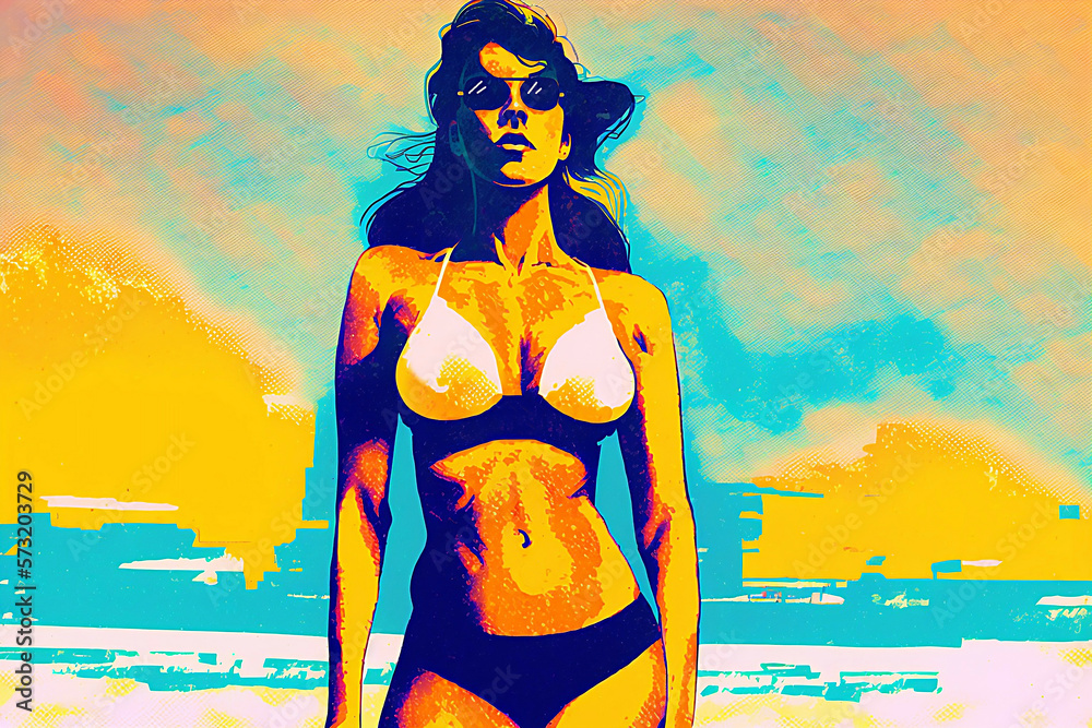 dusty grunge retro risoprint style illustration of beautiful happy woman in bikini in sunglasses on sunset sky beach background new quality creative travel stock image illustration, Generative AI