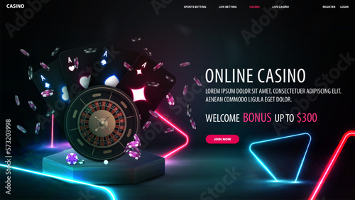 Online casino, banner with casino Roulette wheel with black playing cards with glowing neon lights on black hexagon podium and neon colors triangles around.