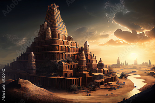 Ancient city of Babylon with the tower of Babel  bible and religion  new testament  speech in different languages Illustration  Tower  Palm Tree. Generative AI technology