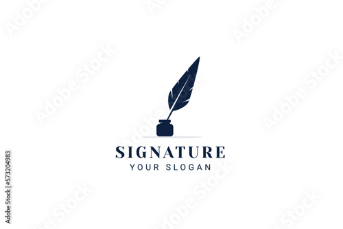 Quill Feather Pen, Minimalist Signature Handwriting Logo Design Vector