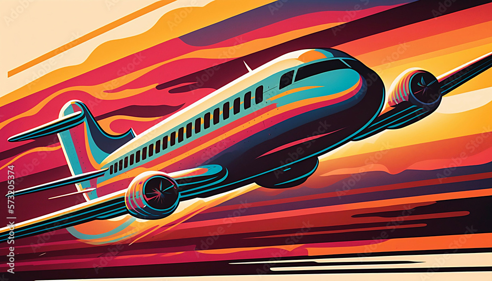 vintage retro style illustration of a passanger plane in sunset sunrise