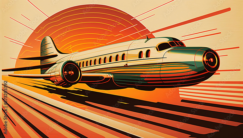 vintage retro style illustration of a passanger plane in sunset sunrise