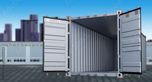 Open sea container. Industrial zone without people. Storage hangars behind container. Empty sea tare in open air. Twenty foot cargo container. Metal box on industrial territory. 3d rendering.