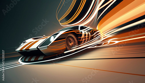 vintage retro style illustration of a sport car on road at sunset sunrise sky with speed lines background, new quality transport stock image wallpaper design, Generative AI
