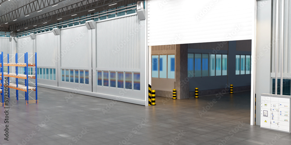 Distribution center building. Hangar with large open gates