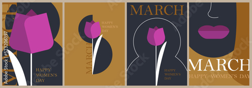 8 March posters set. Women's day holiday greeting cards. Flat minimal style.