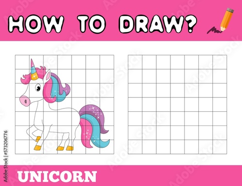 Draw the picture using grid lines. Unicorn. Simple preschoolar game. Easy level
