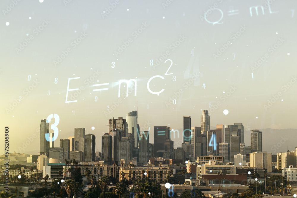 Double exposure of scientific formula hologram on Los Angeles city skyscrapers background, research and development concept