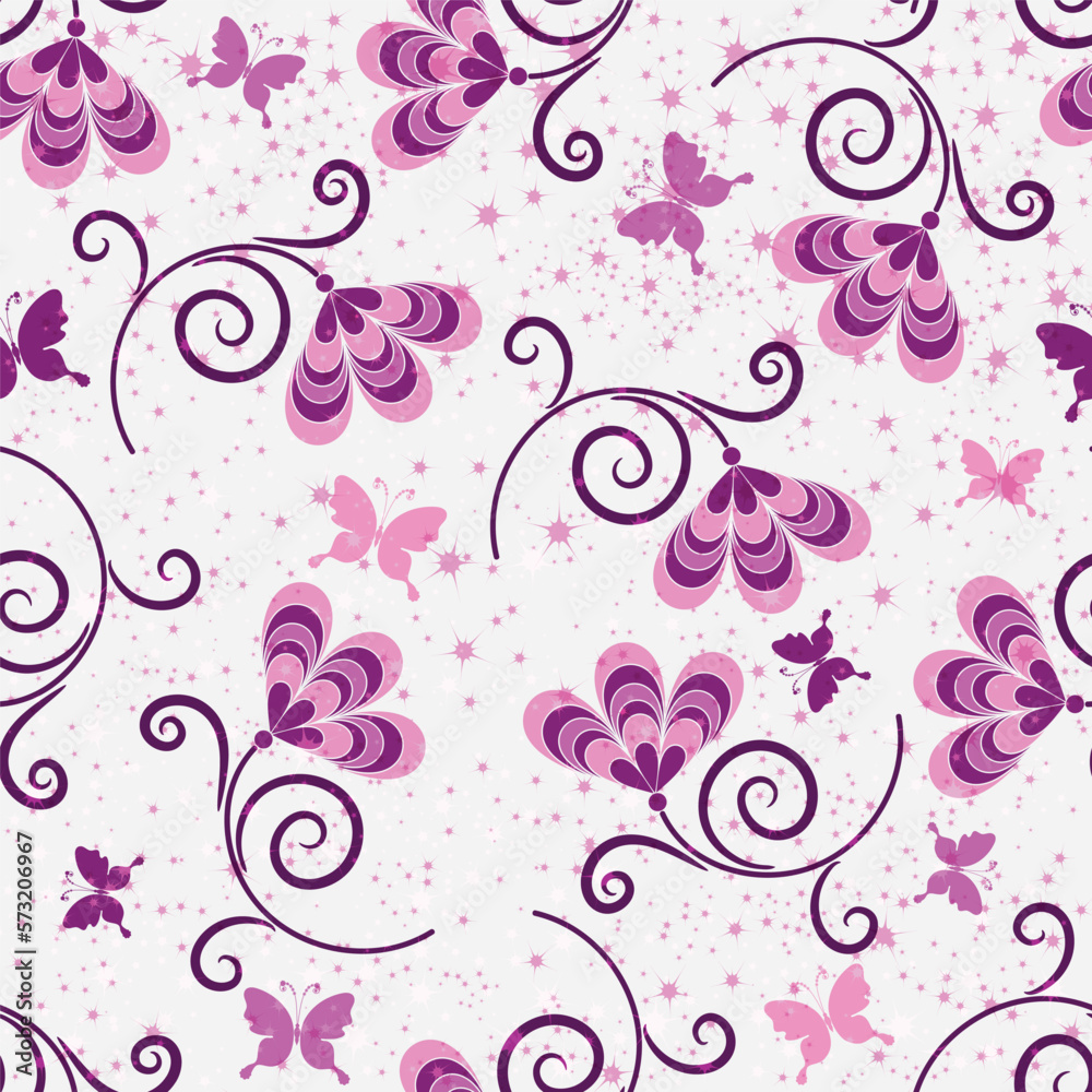 Vector floral seamless easter pattern with flowers in retro style and butterflies and stars on white