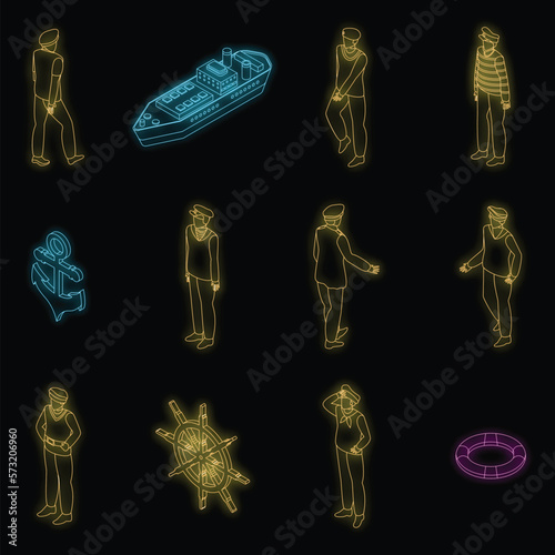 Sailor icons set. Isometric set of sailor vector icons neon color on black