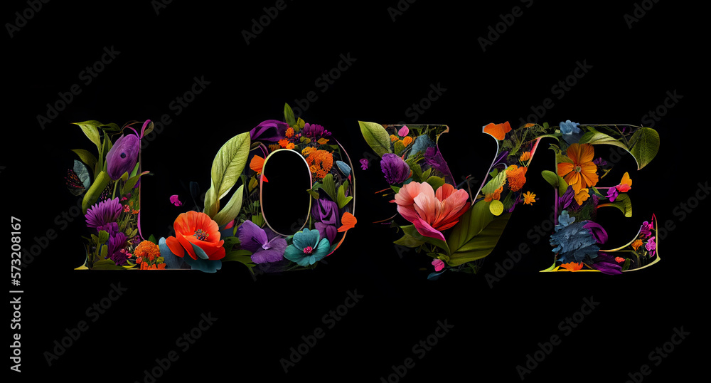 Love text letters design with colorful flowers in nature, Generative AI illustration
