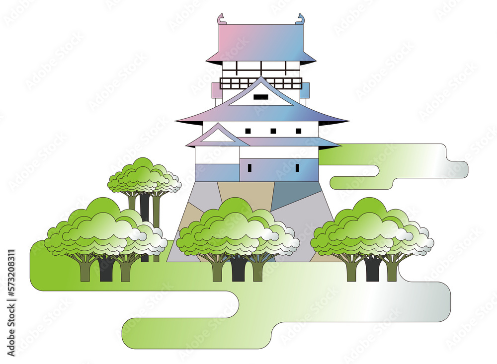 Naklejka premium 桜咲く公園とお城の見える風景 