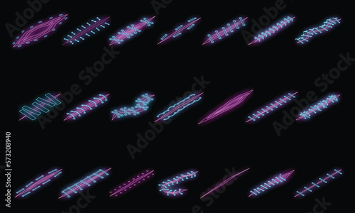 Suture icons set. Isometric set of suture vector icons neon color on black