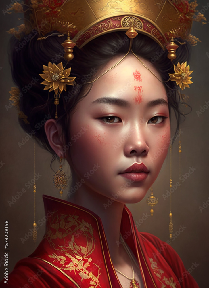 Portrait of a beautifull Chinese woman in traditional costume, beauty representing rich cultural heritage of ancient China - Created with Generative AI, no one recognizable. Not a real person.
