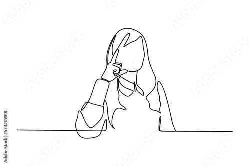 continuous line drawing of young beautiful woman is thinking and smiling slightly with a finger on her lips
