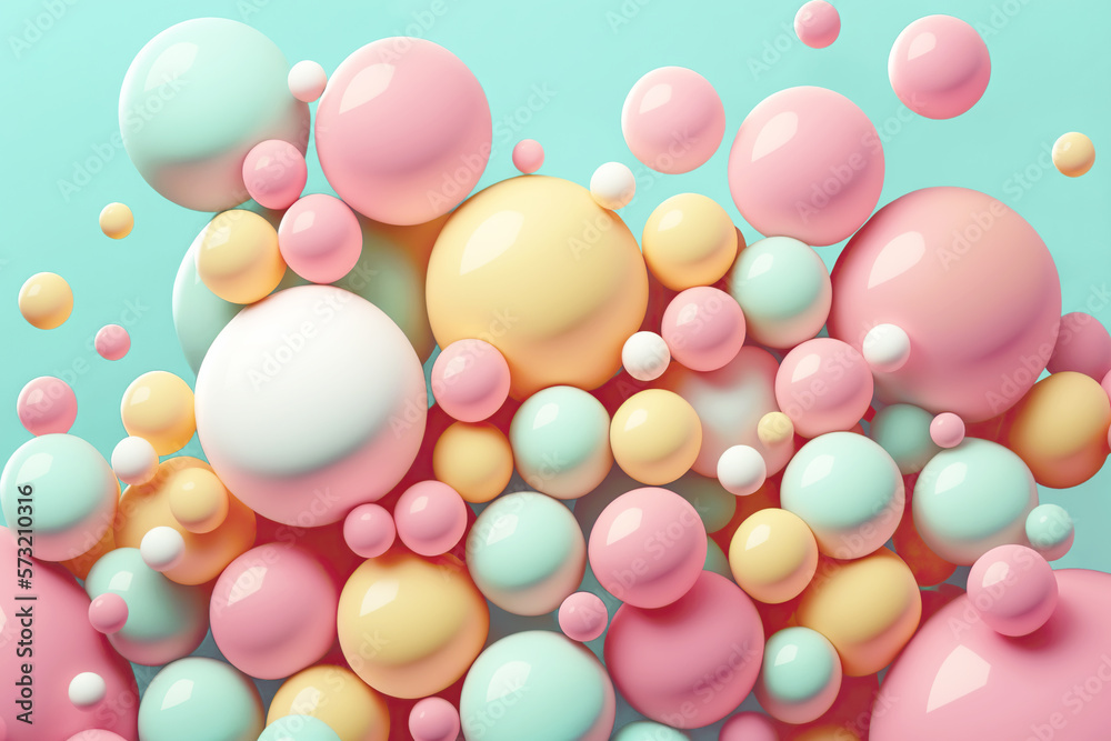 Soft colors balls and bubble gums. Pastel background. Generative AI