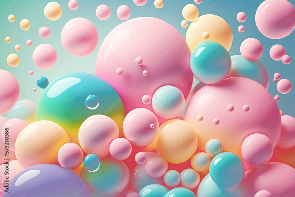 Glossy balls and soap bubbles. Pastel colored background. Generative AI