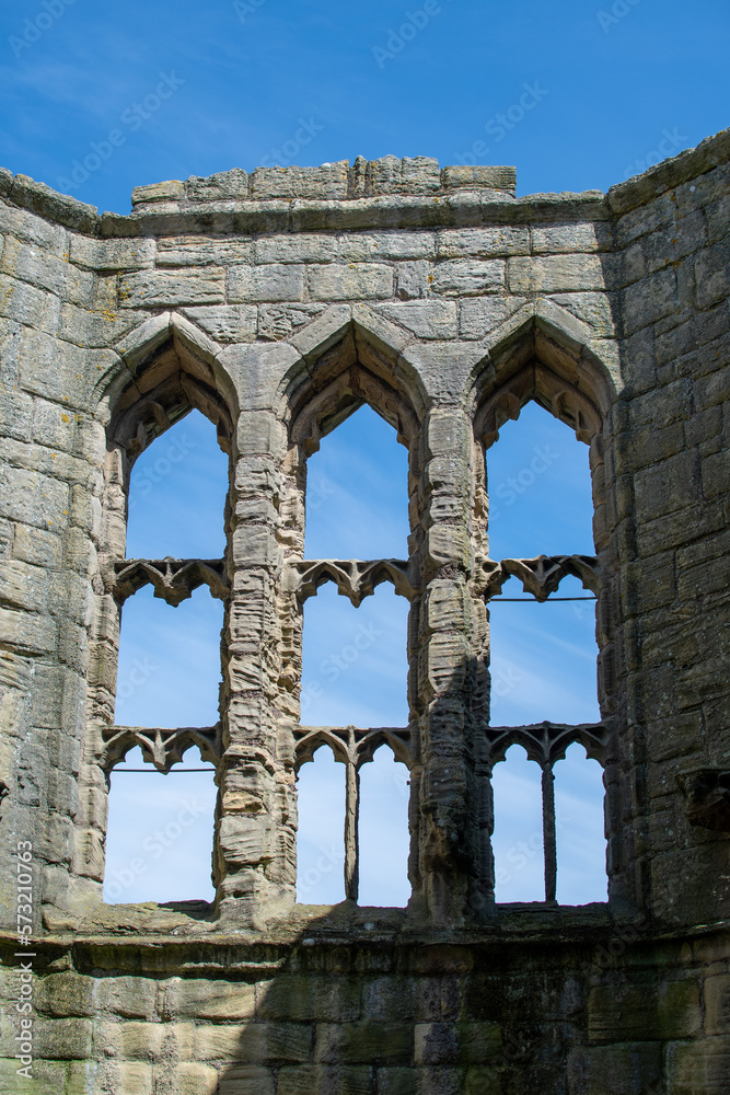 Close up of ruined windows at Warkworth Castle in Northumberland, UK