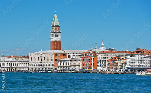 Grand Canal with St Marks Campanile bell tower and Palazzo Ducale, Doge Palace, in Venice, Italy, copy space