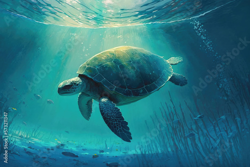 Sea turtle swimming in the blue water, Generative AI
