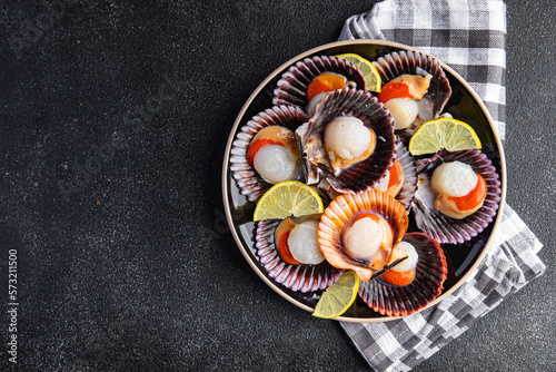 fresh scallop shell seafood meal snack on the table copy space food background rustic top view  photo