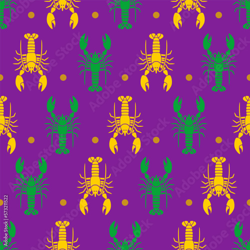 Mardi Gras seamless pattern with green and yellow crayfish