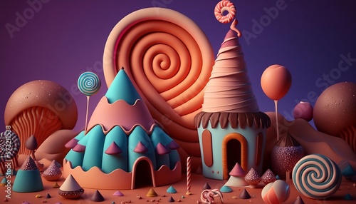 3D rendering. A dream like world. Made from candies and sweets. cartoon game background.