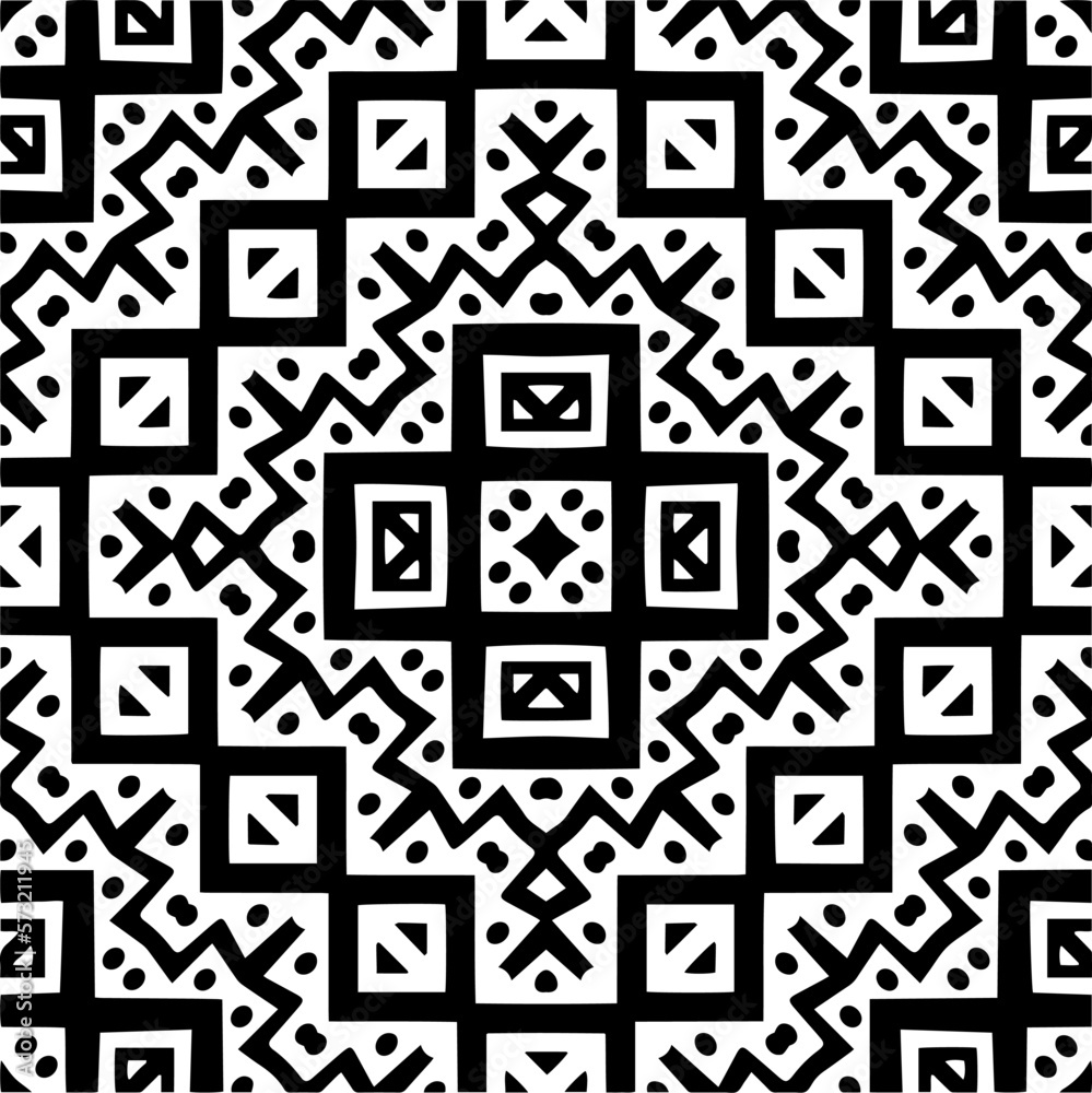 Vector geometric seamless pattern. Minimal ornamental background with abstract shapes. Black and white mandala. Simple abstract ornament background. Dark repeat design for decor, fabric, cloth.