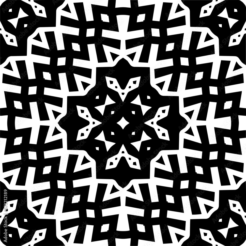 Vector geometric seamless pattern. Minimal ornamental background with abstract shapes. Black and white mandala. Simple abstract ornament background. Dark repeat design for decor, fabric, cloth.