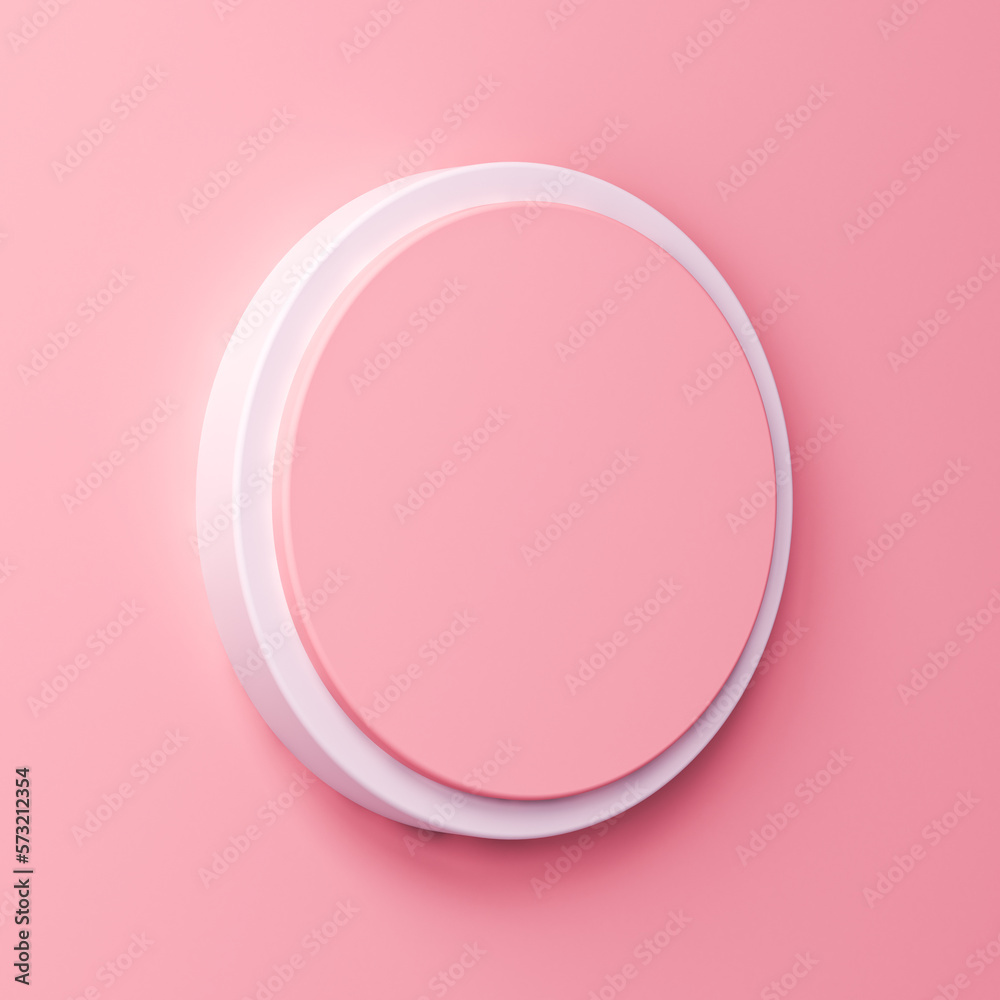 Blank pink round signage or push button isolated on light pink pastel color wall background with shadow minimal conceptual 3D rendering Blank pink round signage or push button isolated on light pink pastel color wall background with shadow minimal conceptual 3D rendering