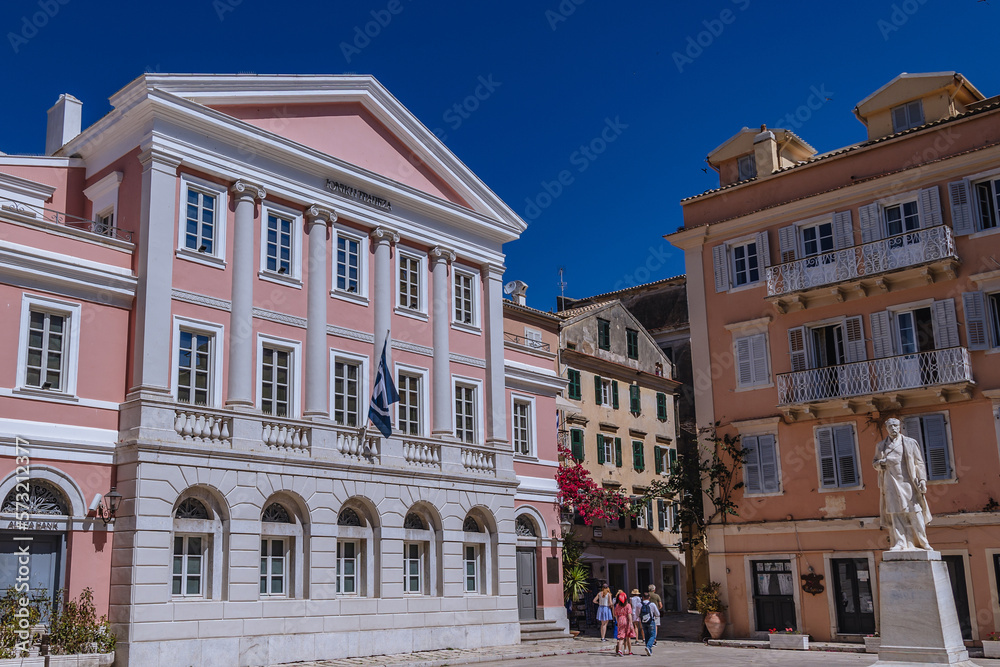 Banknote Museum and statue of Georgios Theotokis in Corfu city, Greece