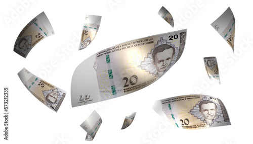 3D Render Set of Flying Bosnia 20 Marka Money Banknote