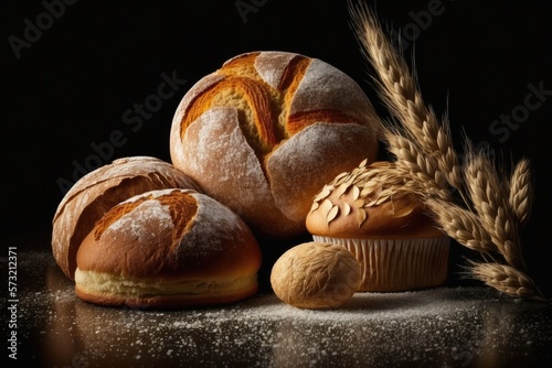 Crusty loaves of bread and buns on black background. Ai generative.