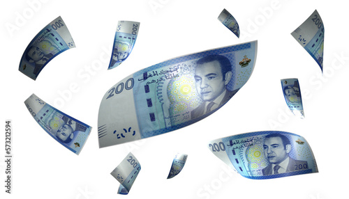 3D Render Set of Flying Morocco 200 Dirhams Money Banknote