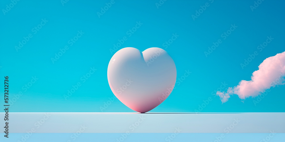 3D rendered volumetric heart shape. Blue summer sky clouds. Happy Valentine Day romantic greeting card landscape illustration