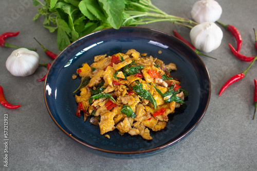 Vegetarian food, Stir fried omelet with chili and holy basil, Thai food.