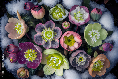 Garden with hellebores with snow. Spring season. Generative AI photo