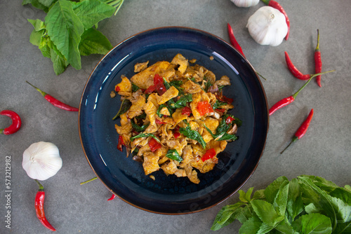 Stir fried omelet with chili and holy basil, Thai food.
