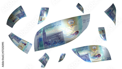 3D Render Set of Flying Kuwait 20 Dinars Money Banknote