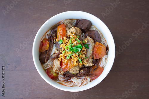 Rice Vermicelli With Northern Thai Pork Curry. Thai name is Khanom Jeen Nam Ngeo.