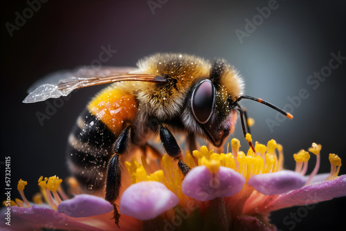 Closeup or macro a bee pollinating on a flower. Shallow depth of field. Created with generative AI technology. © HEMINXYLAN