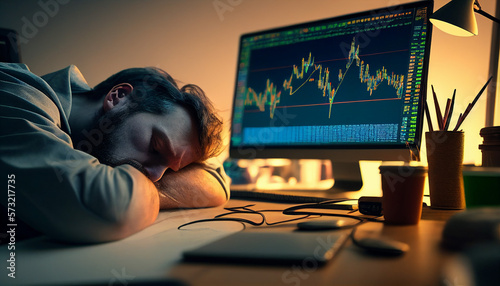 Fatigue man sleeps on his home office desk while trading, browsing online stock investments at night. Tired novice male trader sleeping near monitor with stock chart at workplace. Generative AI