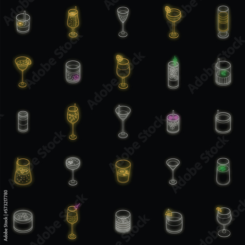 Cocktail icons set. Isometric set of cocktail vector icons neon color on black