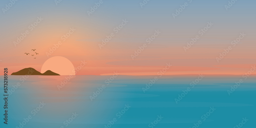 Illustration of sunset at tropical blue sea. Seascape sunset with skyline flat design have blank space for any wording advertisement. Sunset over the sea.