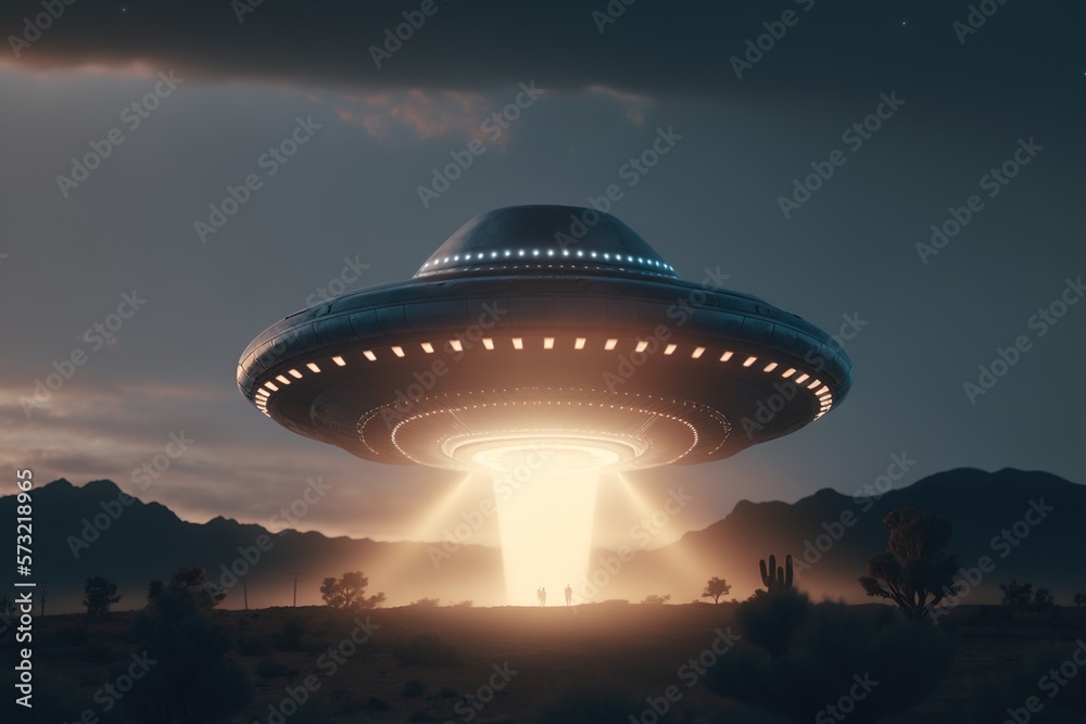 UFO flies in a landscape at night. Generative AI. UFO flies in a landscape at night. Generative AI.